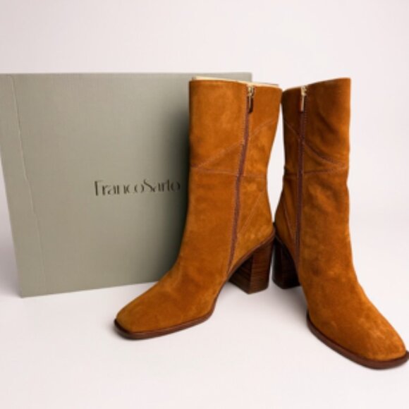 Franco Sarto Little Brinley Suede Mid-Calf Block Heel Boots Tan Size 11M NWT - Picture 1 of 11